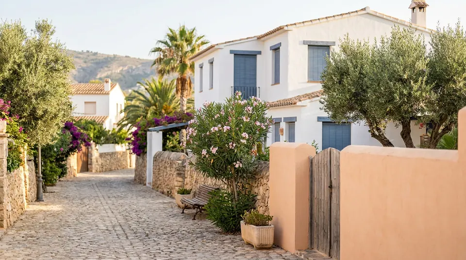 Calle empedrada entre casas encaladas con persianas azules, olivos y adelfas