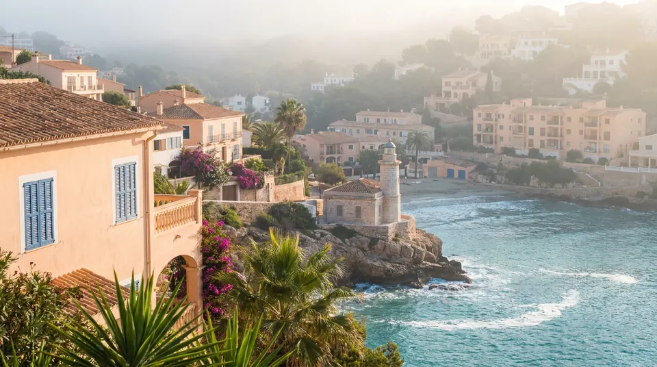 Casas con persianas frente a una costa rocosa con faro