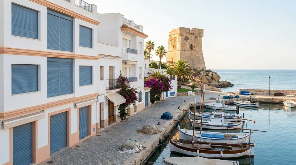 Paseo junto al puerto con barcas, edificios con persianas azules y una torre vigía