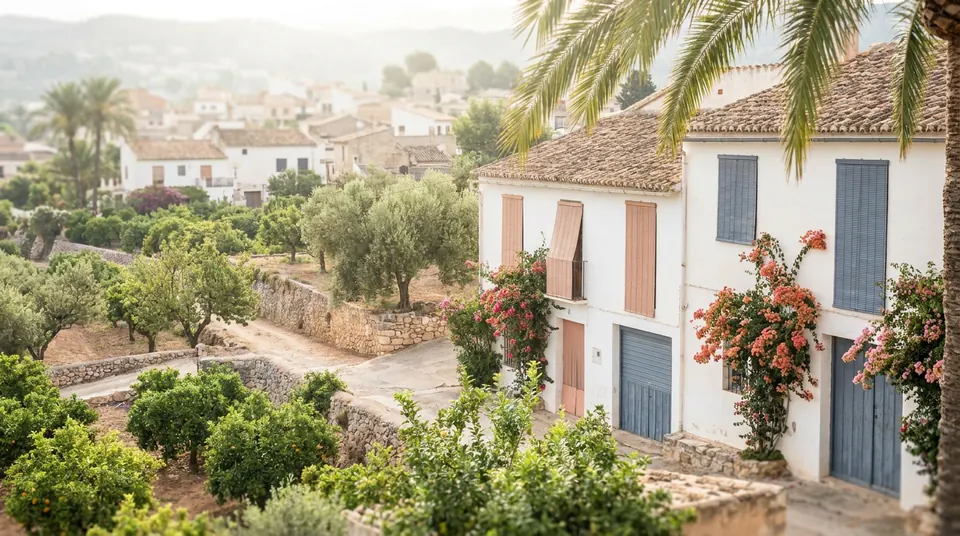 Casas blancas con persianas entre huertos de olivos y cítricos, con palmeras