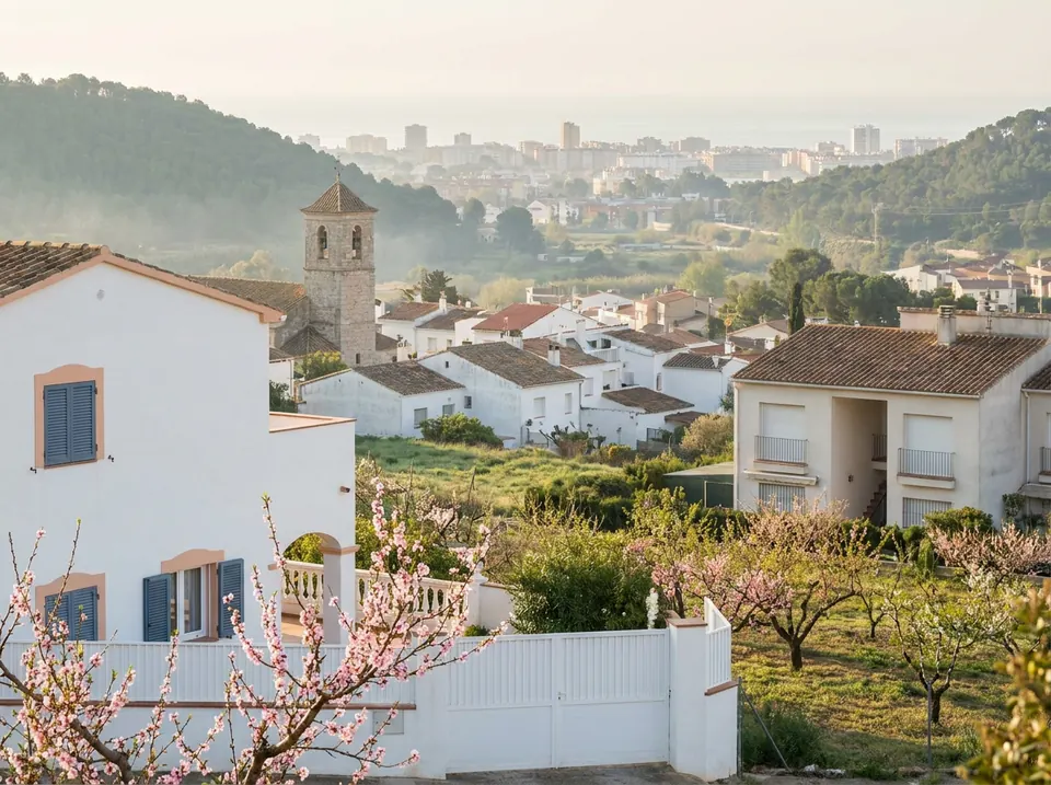 Casas con persianas enrollables entre almendros en flor y un campanario, con la costa al fondo
